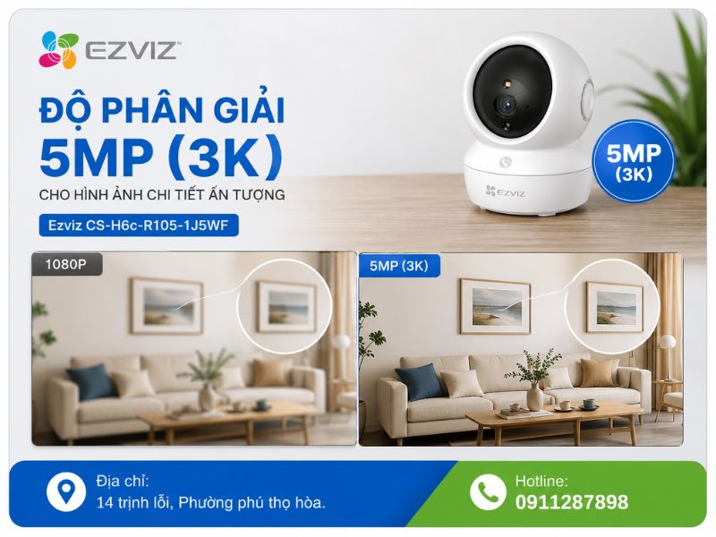 Độ phân giải 5MP (3K) cho hình ảnh chi tiết ấn tượng của camera Ezviz CS-H6c-R105-1J5WF