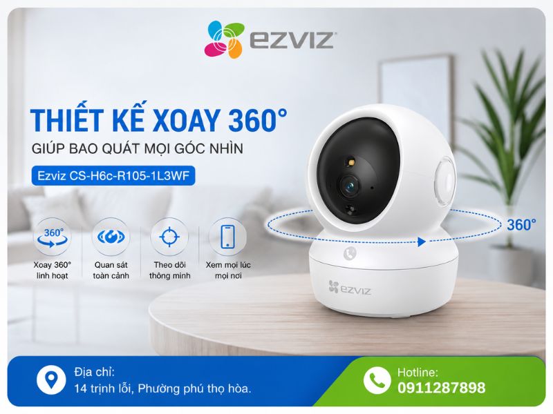 Thiết kế xoay 360 độ giúp bao quát mọi góc nhìn Ezviz CS-H6c-R105-1L3WF