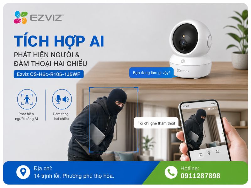 Tích hợp AI phát hiện người và đàm thoại hai chiều Ezviz CS-H6c-R105-1J5WF