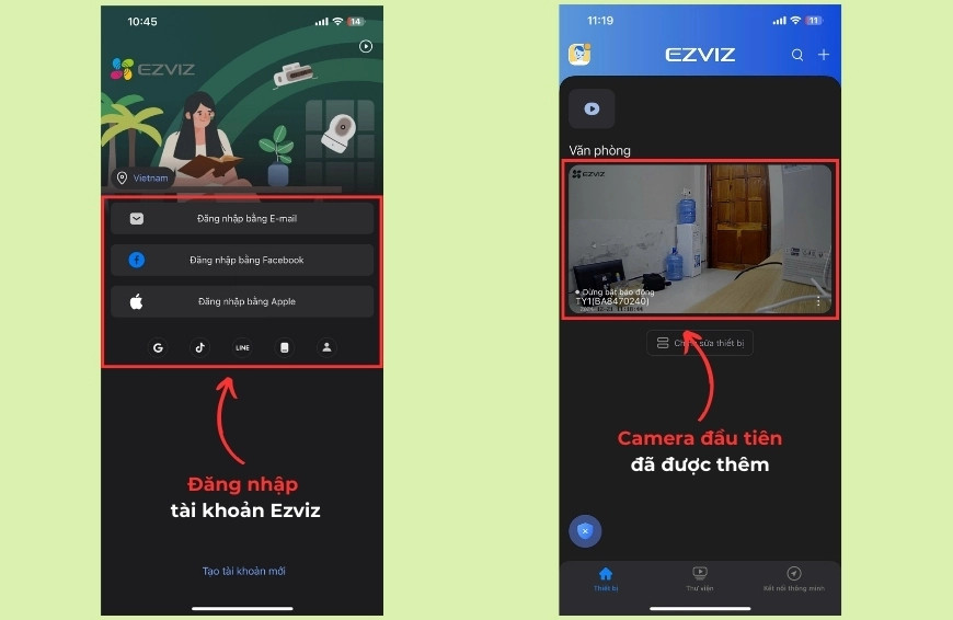 Màn hình đăng nhập ứng dụng EZVIZ trước khi thêm camera thứ 2