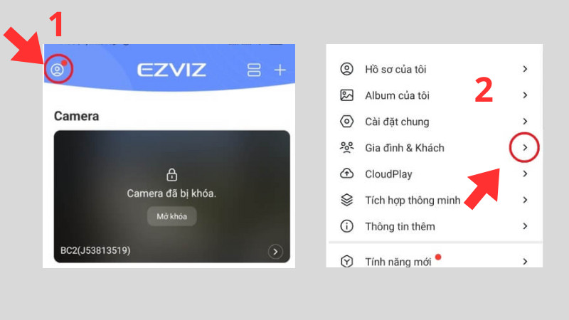 Mục Gia đình và Khách trong ứng dụng EZVIZ để chia sẻ quyền xem camera