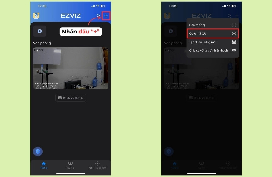 Thêm thiết bị mới trong ứng dụng EZVIZ để kết nối camera thứ hai