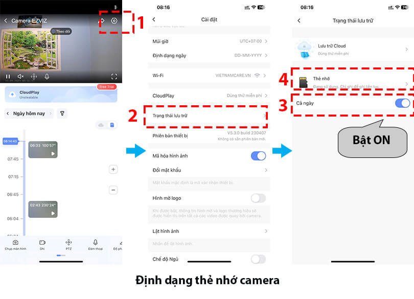 Định dạng thẻ nhớ và bật ghi hình 24/24 cho từng camera trong combo EZVIZ