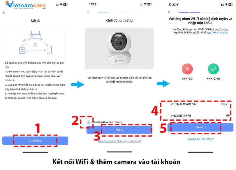 Kết nối WiFi 2.4GHz và thêm hai camera EZVIZ vào cùng một tài khoản