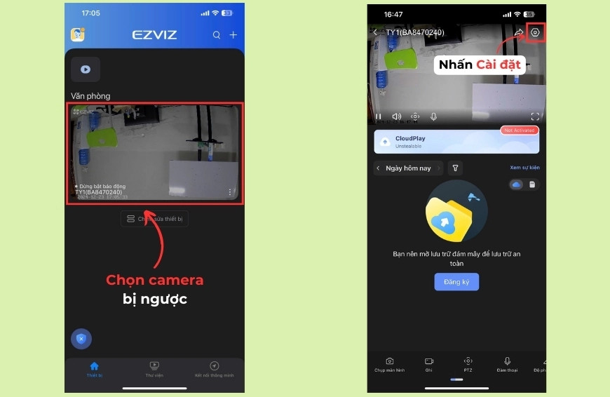 Mở cài đặt thiết bị trong app EZVIZ để chỉnh xoay 180 độ hình ảnh