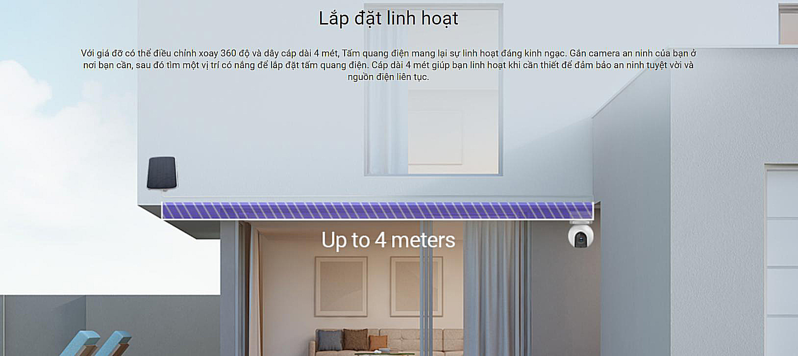 Tấm sạc mặt trời EZVIZ Panel-E dây 4m và giá đỡ xoay 360 độ, lắp đặt linh hoạt cho camera an ninh ngoài trời