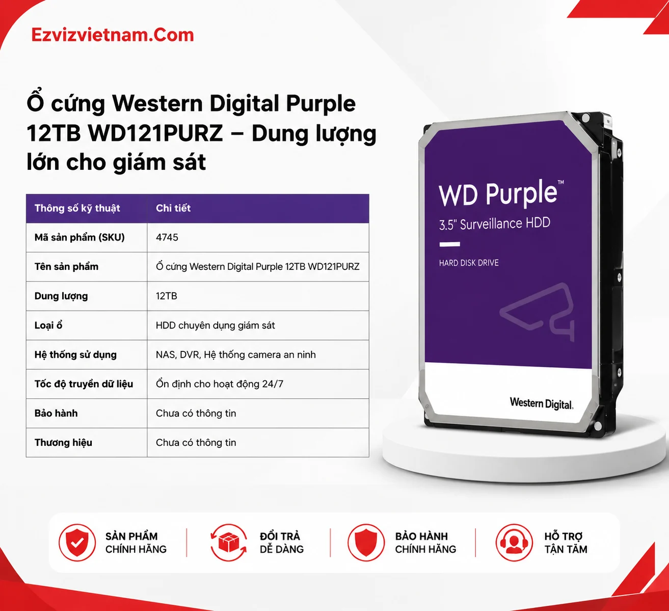 Ổ cứng Western Digital Purple 12TB WD121PURZ – Dung lượng lớn cho giám sát