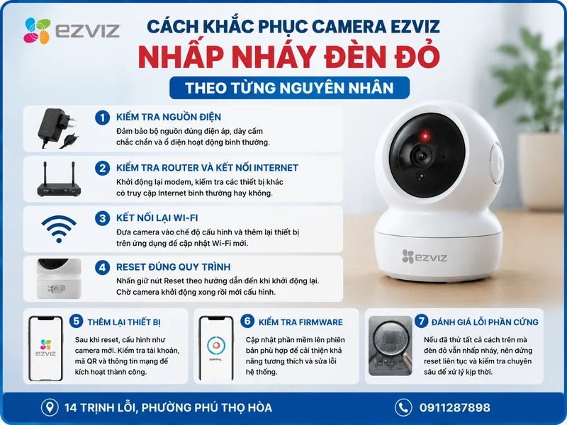 Cách khắc phục Camera Ezviz nhấp nháy đèn đỏ theo từng nguyên nhân