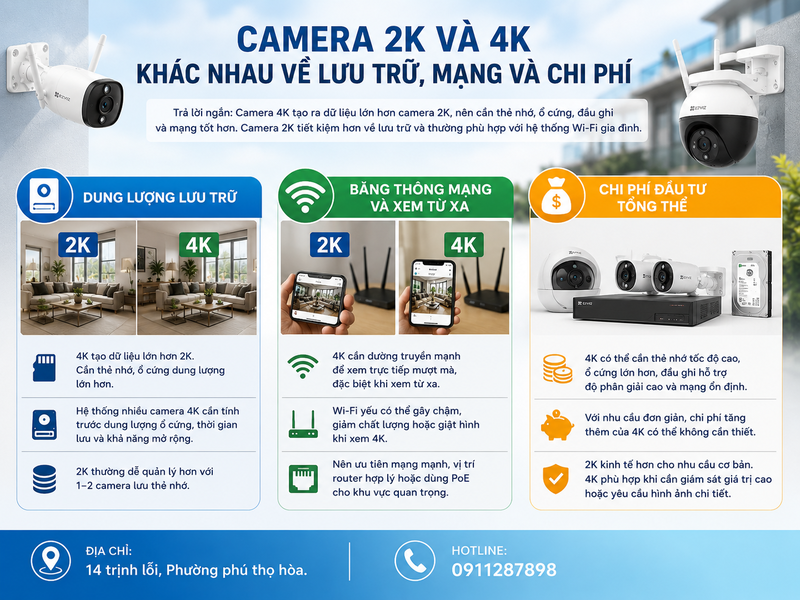 Camera 2k và 4k khác nhau về lưu trữ, mạng và chi phí
