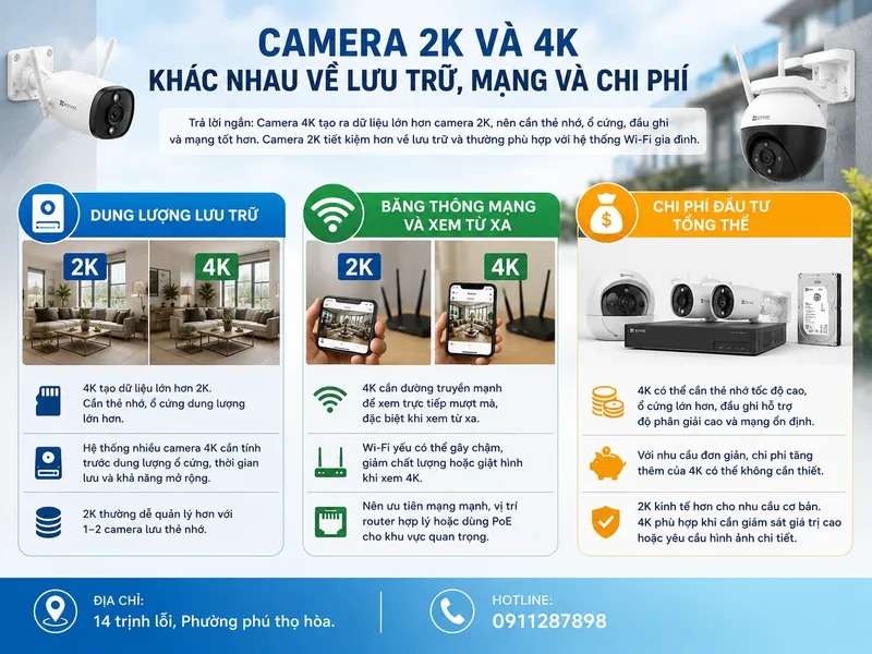 Camera 2k và 4k khác nhau về lưu trữ, mạng và chi phí