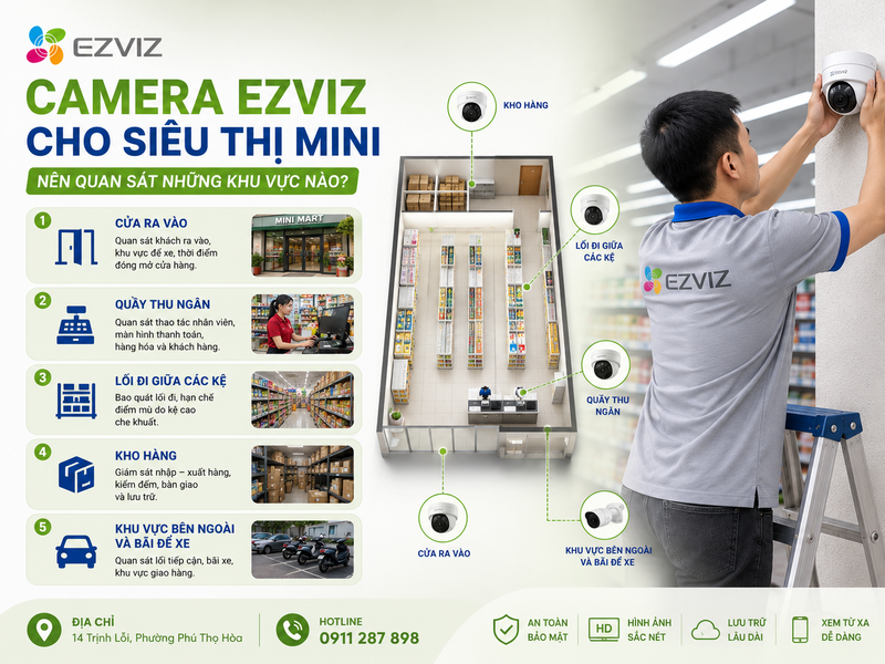 Camera Ezviz cho siêu thị mini nên quan sát những khu vực nào?