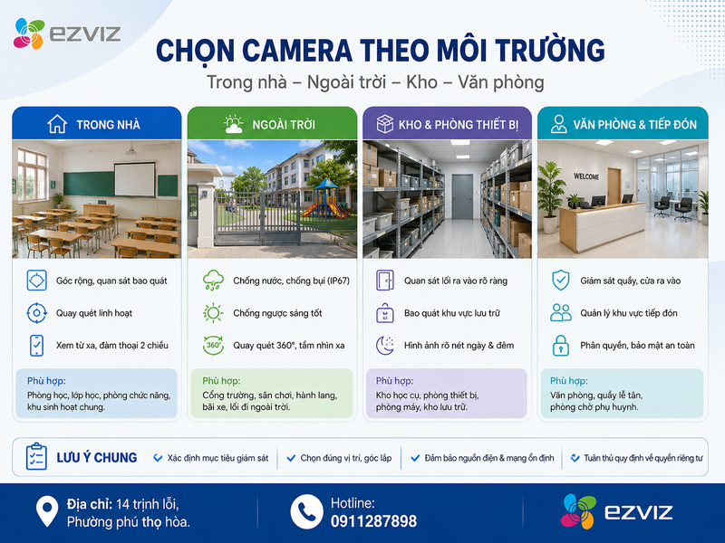 Chọn camera theo môi trường: trong nhà, ngoài trời, kho và văn phòng