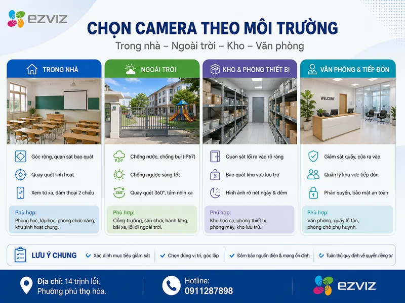 Chọn camera theo môi trường: trong nhà, ngoài trời, kho và văn phòng