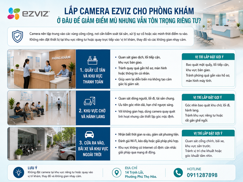 Lắp camera Ezviz cho phòng khám ở đâu để giảm điểm mù nhưng vẫn tôn trọng riêng tư?