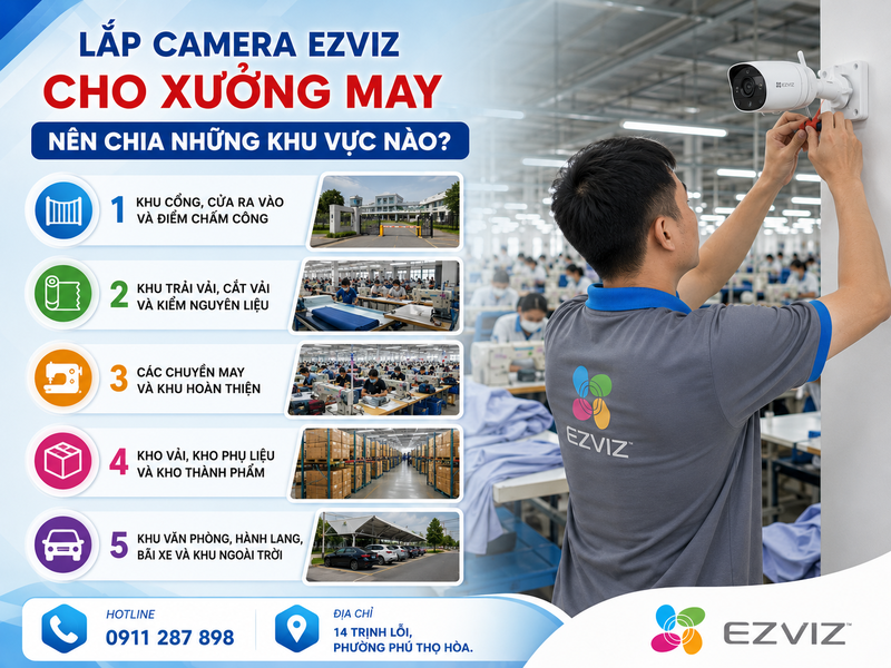 Lắp camera Ezviz cho xưởng may nên chia những khu vực nào?