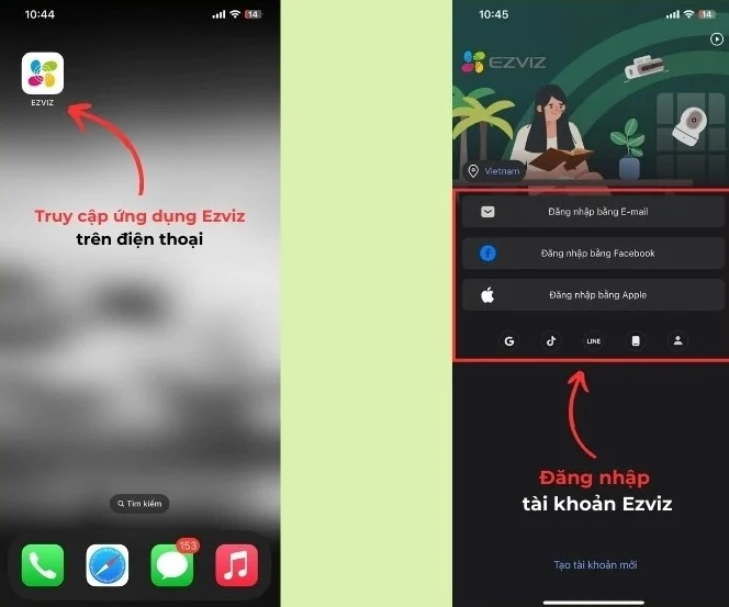 Mở ứng dụng Ezviz và đăng nhập