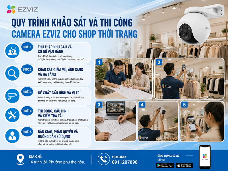 Quy trình khảo sát và thi công Camera Ezviz cho shop thời trang