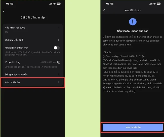 Tìm đến dòng Xóa tài khoản (Delete Account)