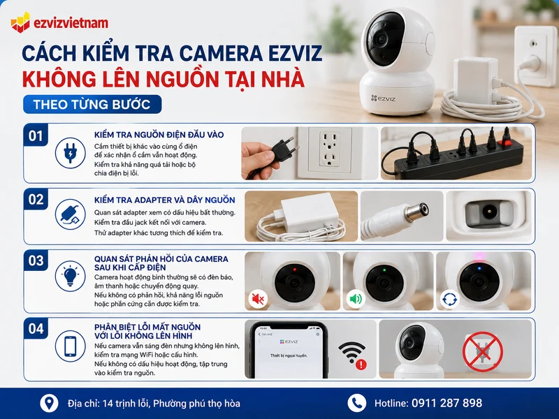 Cách kiểm tra Camera Ezviz không lên nguồn tại nhà theo từng bước