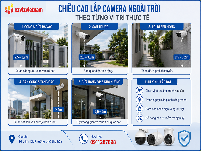 Chiều cao lắp camera ngoài trời theo từng vị trí thực tế