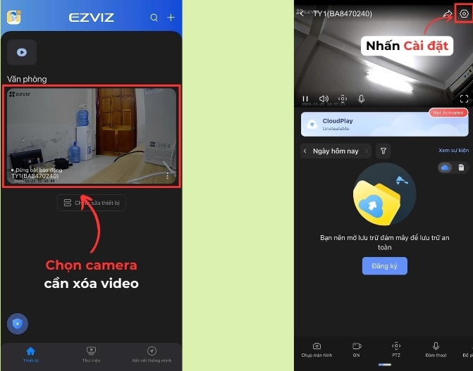 Chọn camera cần xóa video