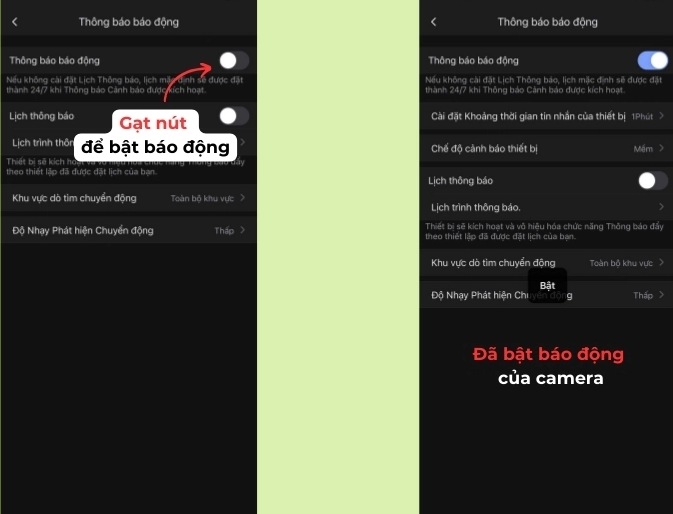 Kích hoạt tính năng Thông báo báo động