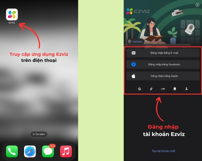 Mở ứng dụng và Đăng nhập tài khoản EZVIZ