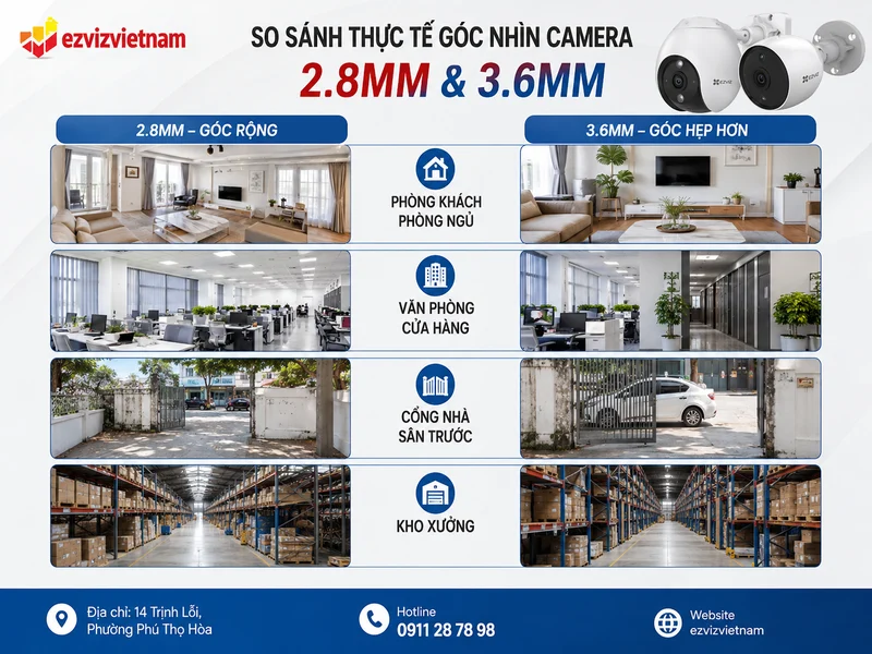 So sánh thực tế góc nhìn 2.8mm và 3.6mm của camera theo không gian sử dụng