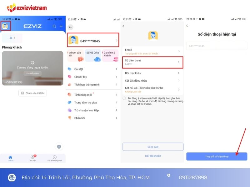 Cách đổi số điện thoại tài khoản EZVIZ trực tiếp trong ứng dụng