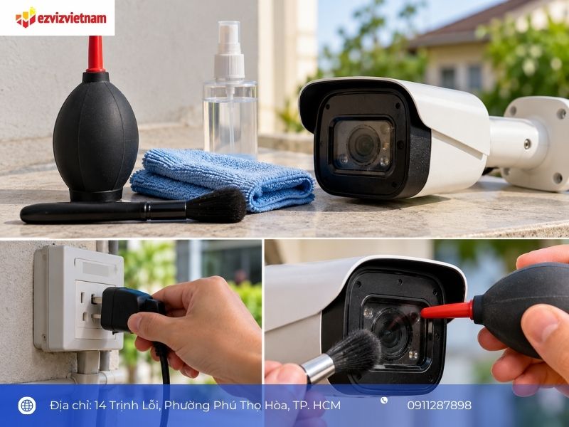 Chuẩn bị dụng cụ và tắt thiết bị trước khi vệ sinh ống kính