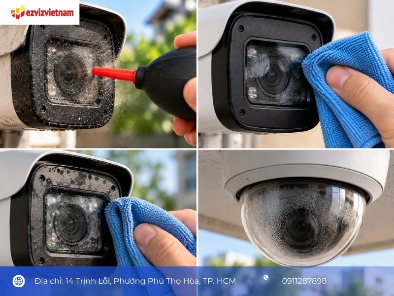 Lau mặt kính camera theo từng tình huống bụi, dấu tay, vết nước và hơi ẩm